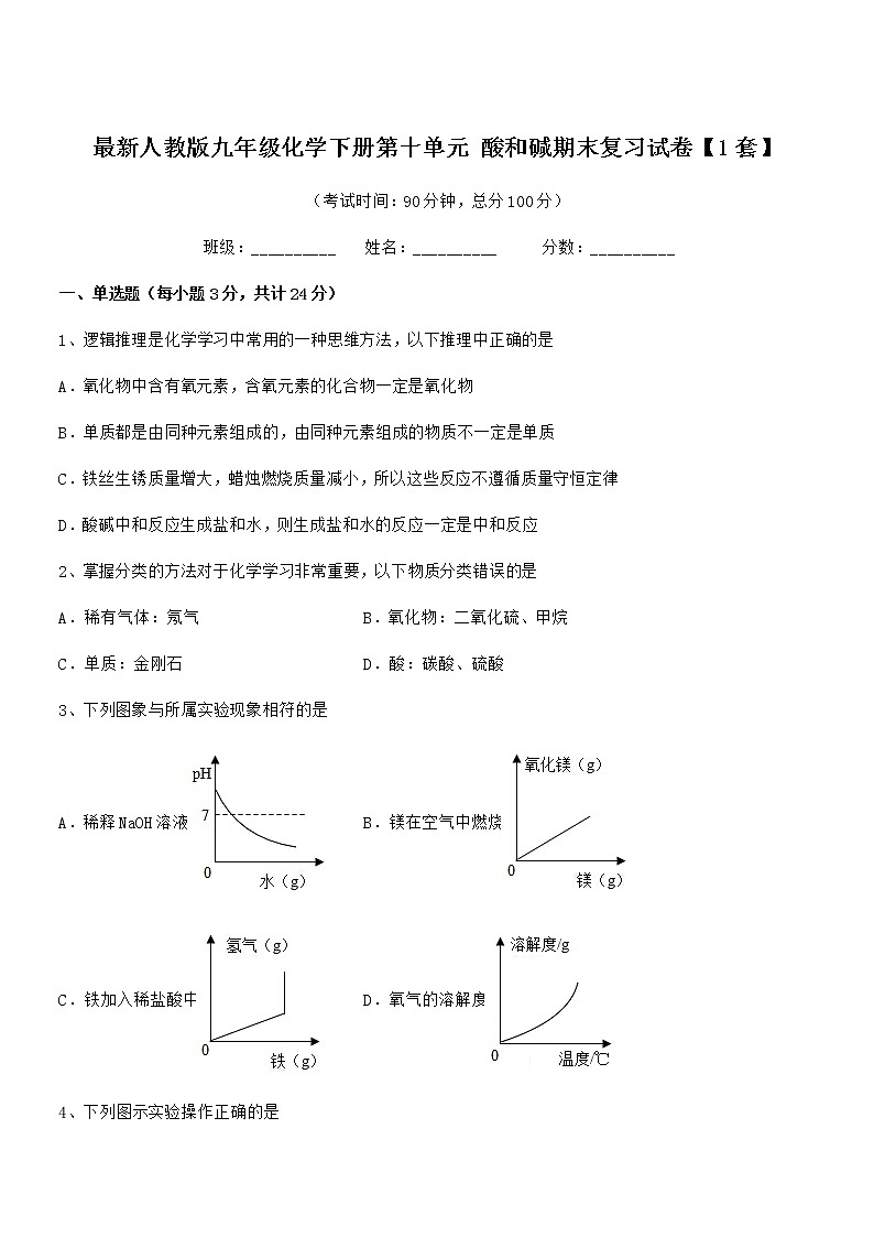 2021年度最新人教版九年级化学下册第十单元 酸和碱期末复习试卷【1套】第1页