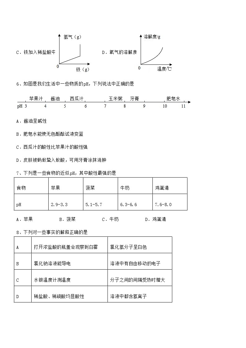 2022学年最新人教版九年级化学下册第十单元 酸和碱期末复习试卷A4打印版第3页
