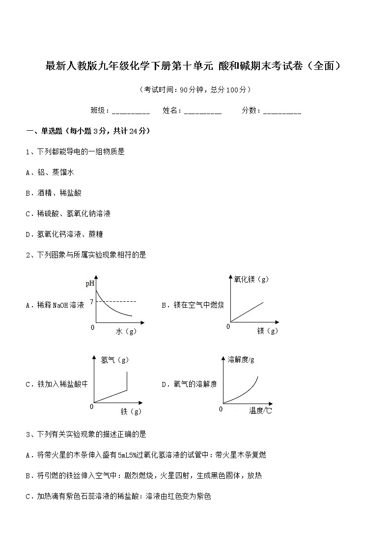 2022学年最新人教版九年级化学下册第十单元 酸和碱期末考试卷（全面）第1页