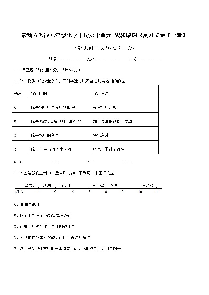 2022年度最新人教版九年级化学下册第十单元 酸和碱期末复习试卷【一套】第1页