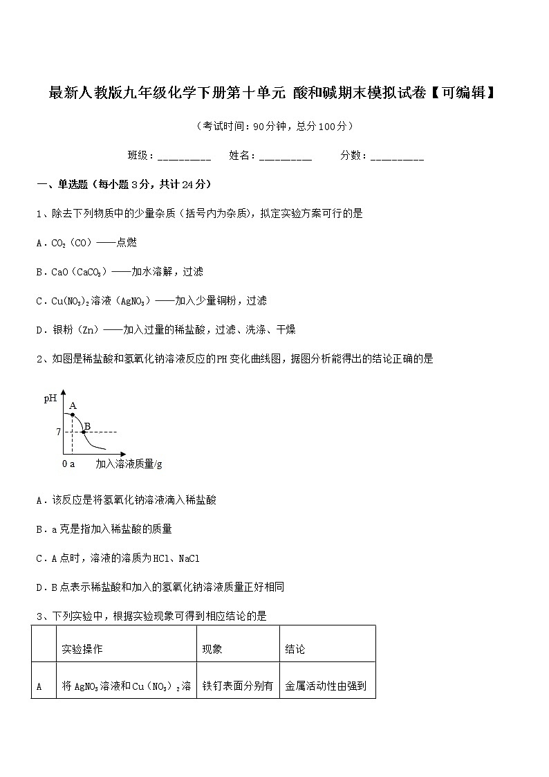 2022年度最新人教版九年级化学下册第十单元 酸和碱期末模拟试卷【可编辑】第1页