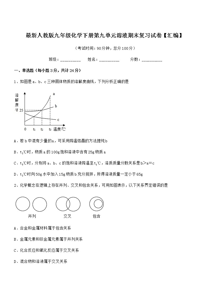 2022年最新人教版九年级化学下册第九单元溶液期末复习试卷【汇编】01