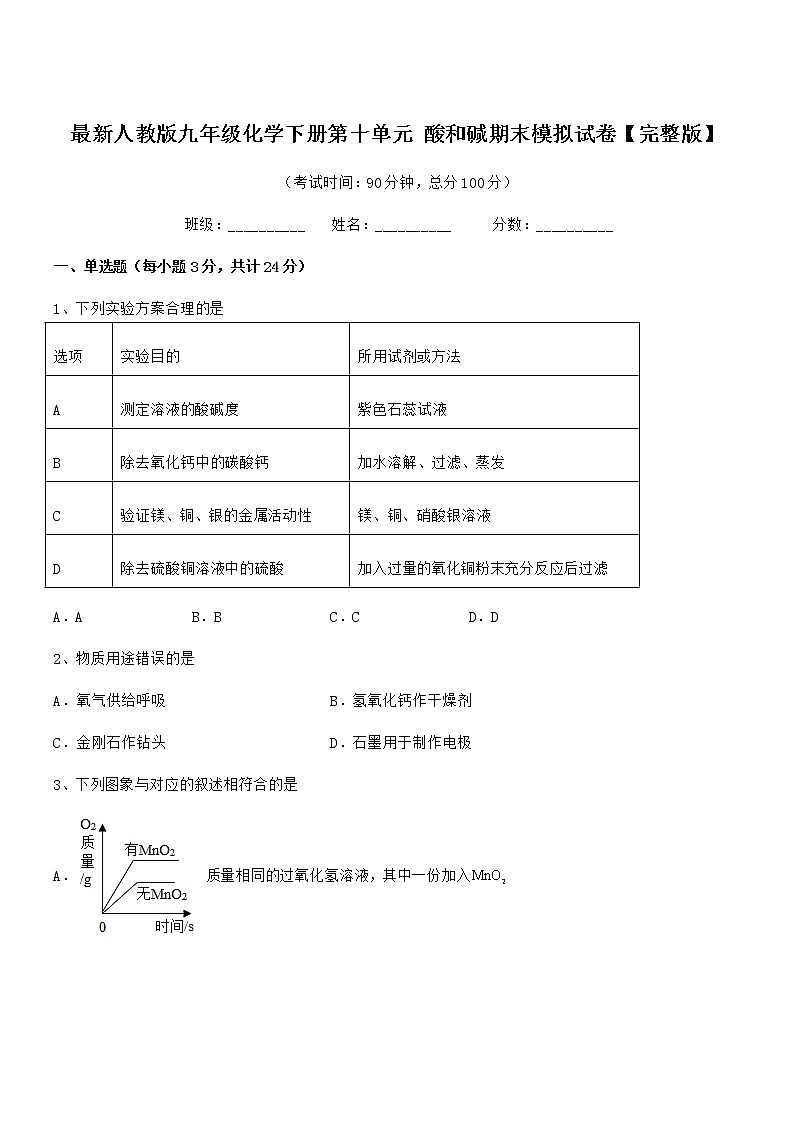 2022年最新人教版九年级化学下册第十单元 酸和碱期末模拟试卷【完整版】第1页