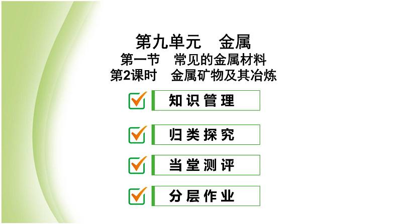 九年级化学下册第九单元金属第一节常见的金属材料第2课时金属矿物及其冶炼课件鲁教版第1页