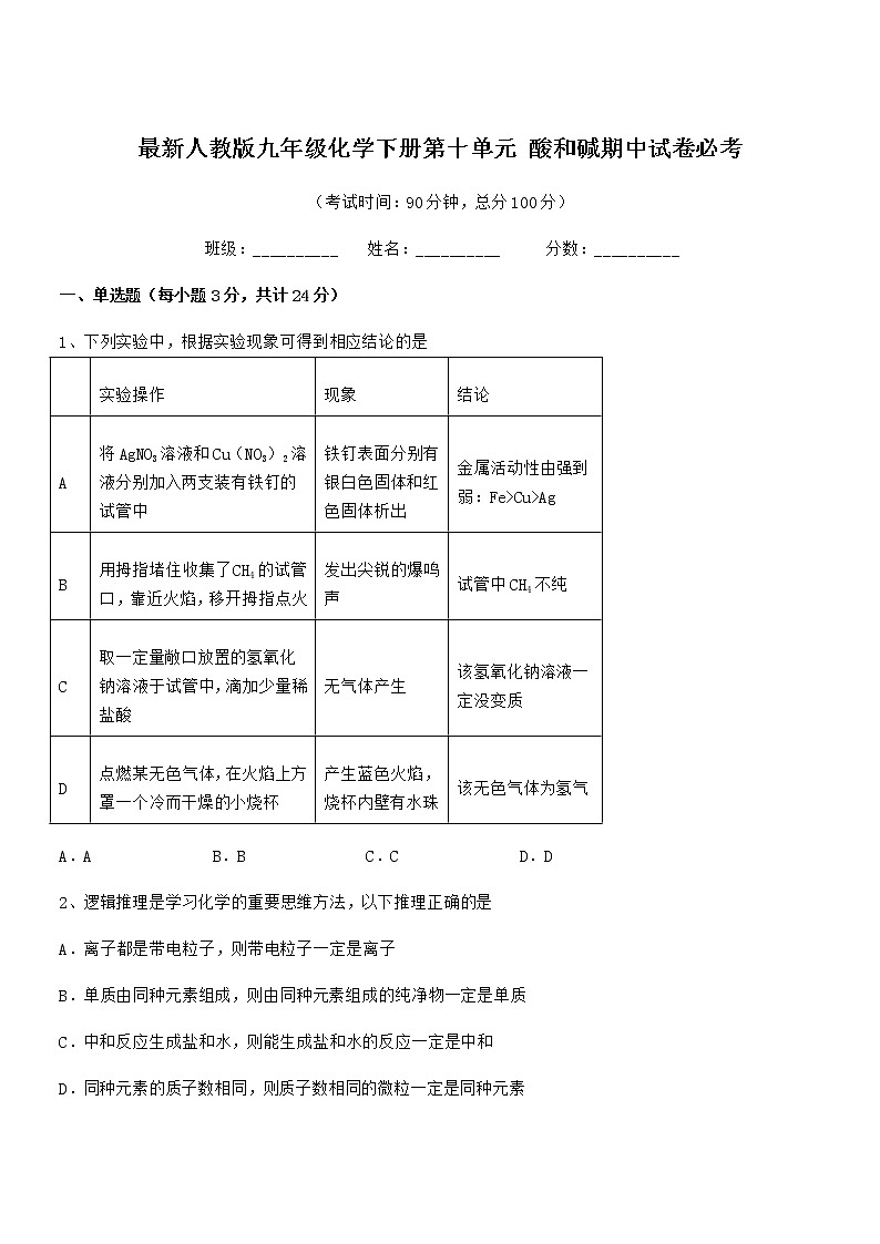 2021年度最新人教版九年级化学下册第十单元 酸和碱期中试卷无答案第1页