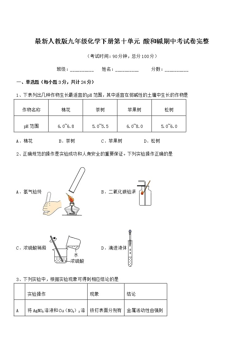 2021年度最新人教版九年级化学下册第十单元 酸和碱期中考试卷无答案第1页