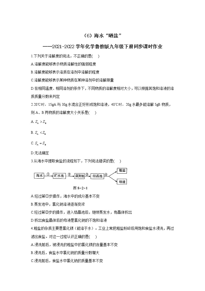 （6）海水“晒盐”——2021-2022学年化学鲁教版九年级下册同步课时作业（word版 含解析）第1页