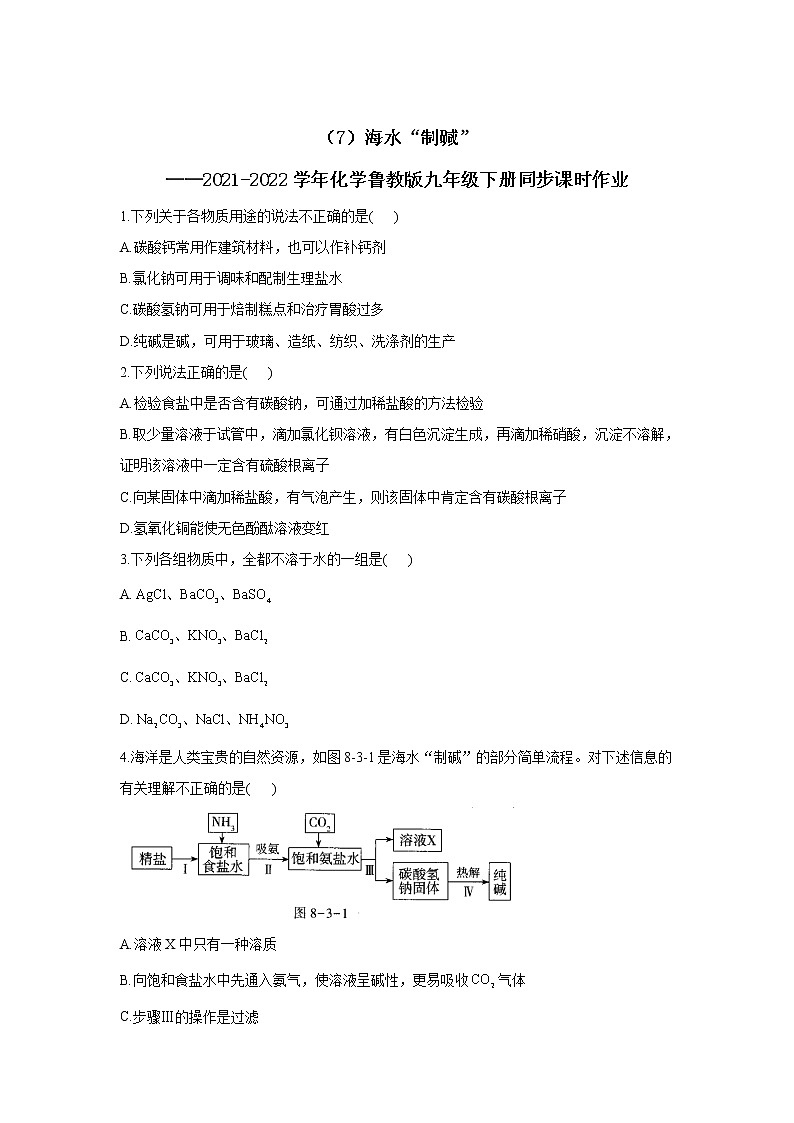 （7）海水“制碱”——2021-2022学年化学鲁教版九年级下册同步课时作业（word版 含解析）第1页