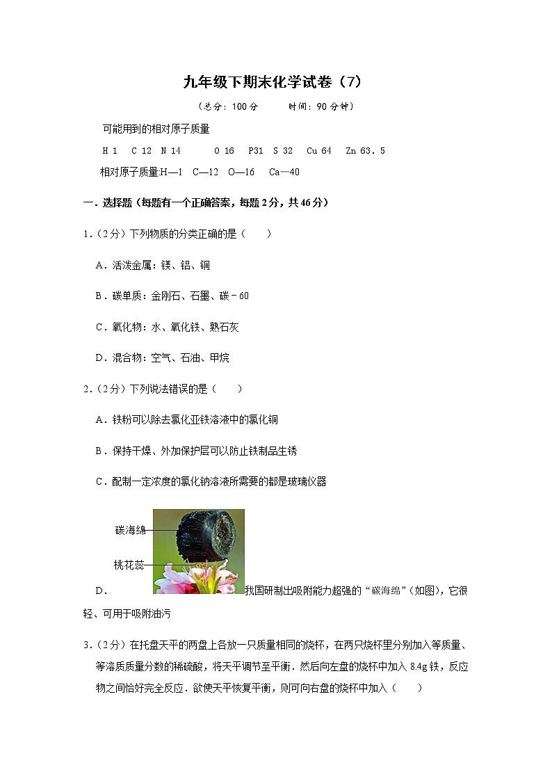 人教版初中化学九年级下册——期末化学试卷（7）【含答案解析】第1页