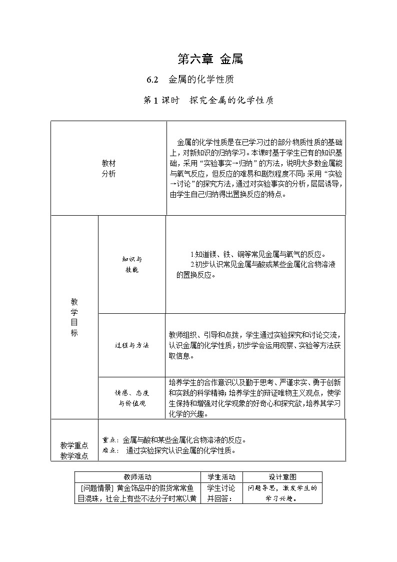 2022年春科粤版九年级化学下册 6.2　金属的化学性质  第1课时　认识金属的主要化学性质 （教案+课件-练习）01