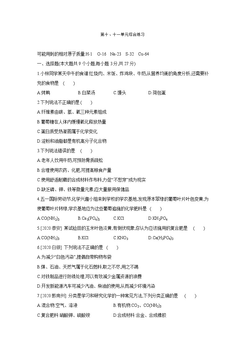 鲁教版九年级化学下册单元测试：第十、十一单元综合练习第1页
