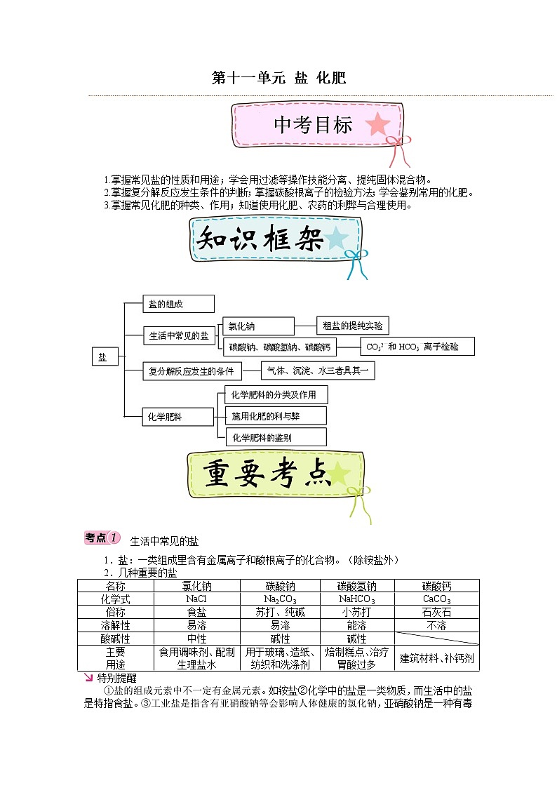 第十一单元 盐 化肥-2022年《三步冲刺中考•化学》之第1步重课本·理考点·学案01
