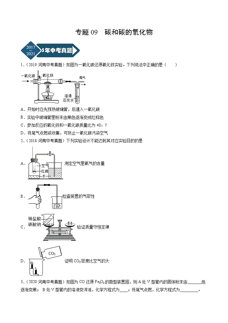 专题09 碳和碳的氧化物-5年（2017-2021）中考1年模拟化学分项汇编（河南专用）（原卷版）第1页