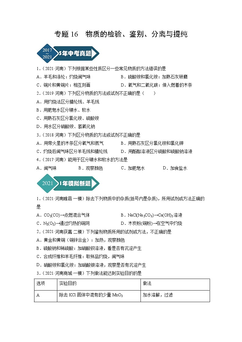 专题16 物质的检验、鉴别、分离与提纯-5年（2017-2021）中考1年模拟化学分项汇编（河南专用）（原卷版）第1页