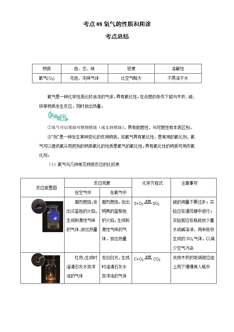 考点08氧气的性质和用途(解析版)-2022年化学中考一轮过关讲练（人教版）学案01