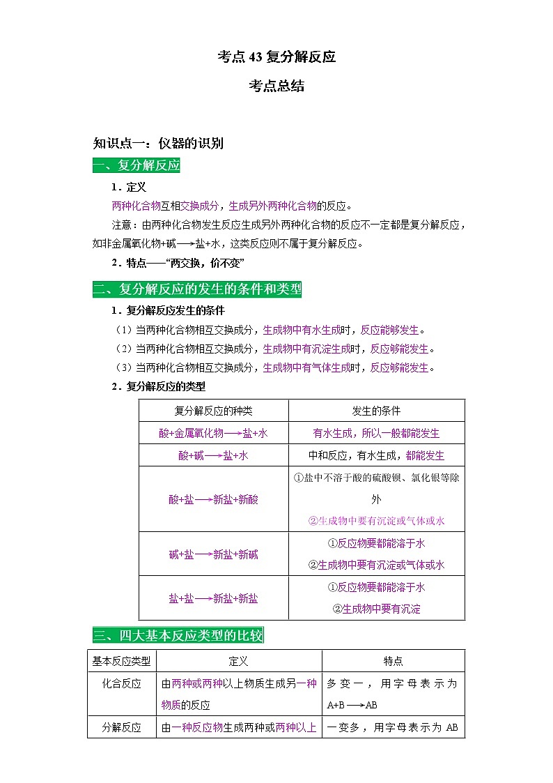 考点43复分解反应(解析版)-2022年化学中考一轮过关讲练（人教版）学案第1页