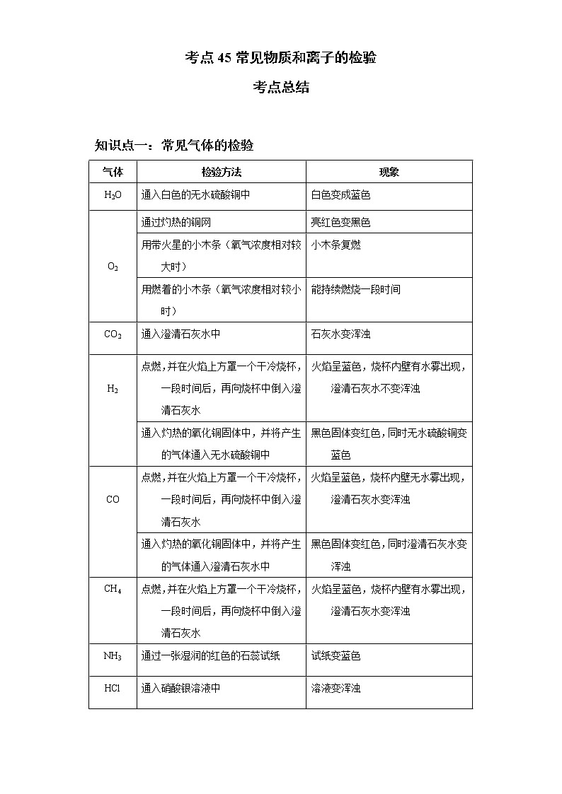 考点45常见物质和离子的检验(解析版)-2022年化学中考一轮过关讲练（人教版）学案第1页