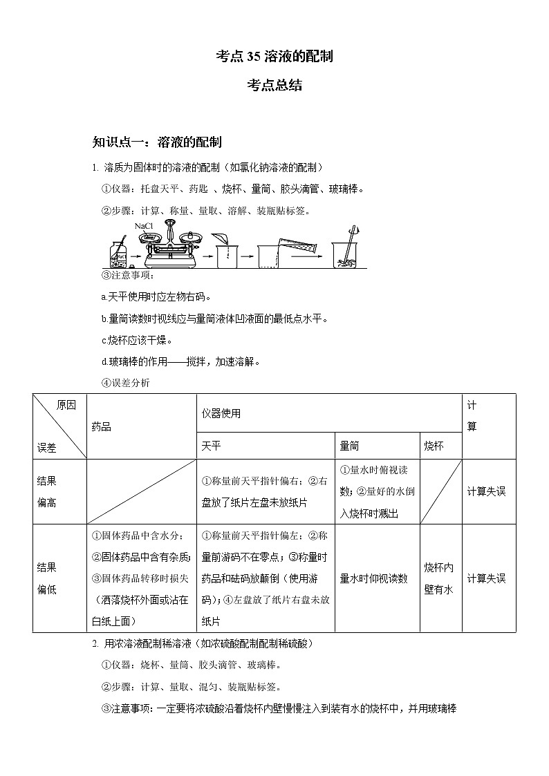 考点35溶液的配制(解析版)-2022年化学中考一轮过关讲练（人教版）学案01