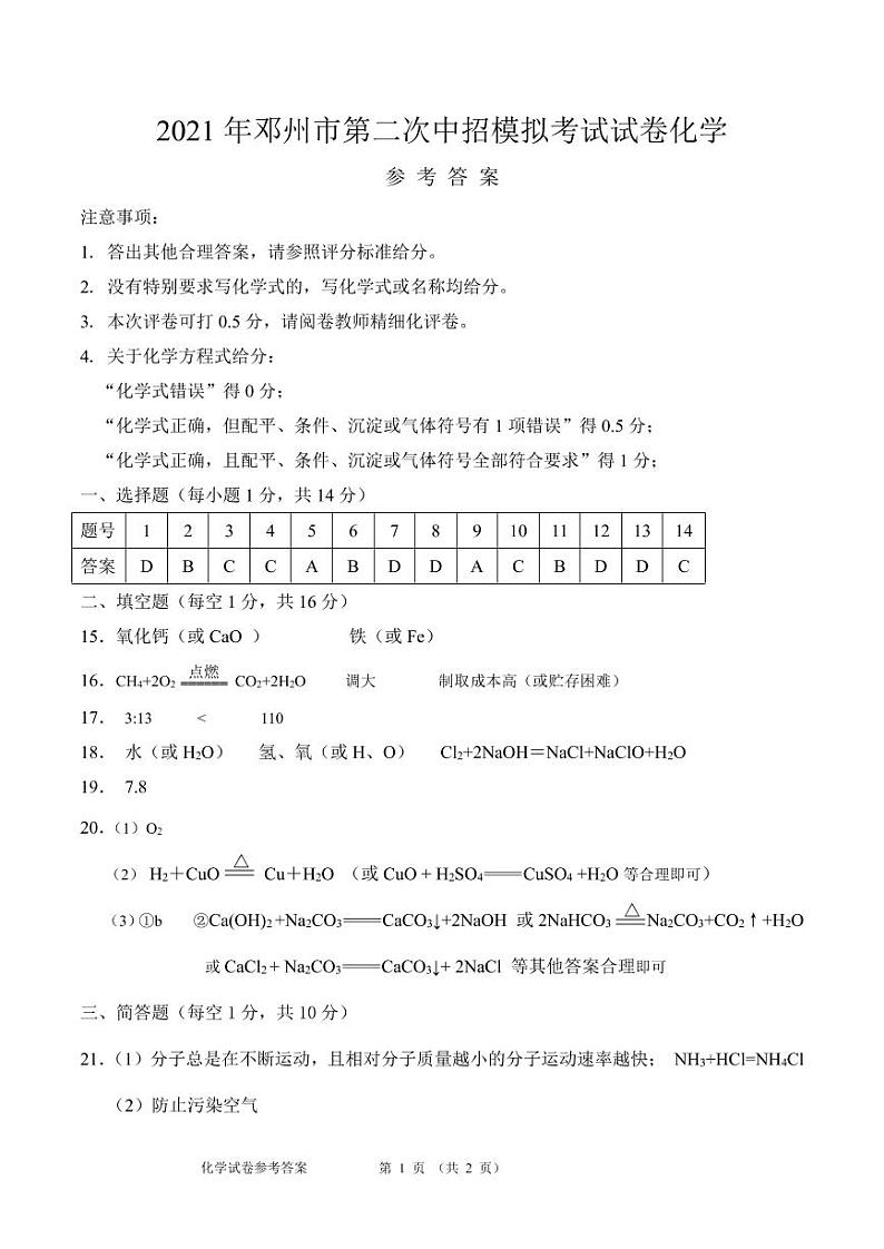 2021年邓州市第二次中招模拟考试化学参考答案第1页