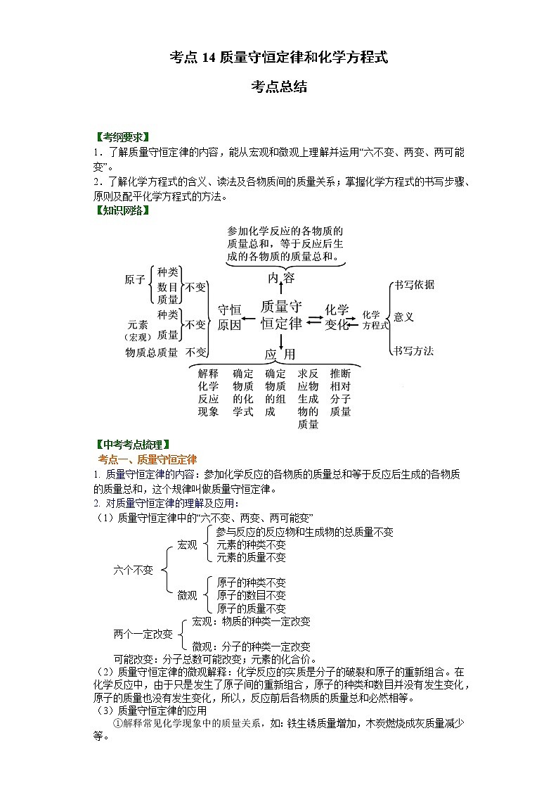考点14质量守恒定律和化学方程式(解析版)-2022年化学中考一轮过关讲练(沪教版)学案01