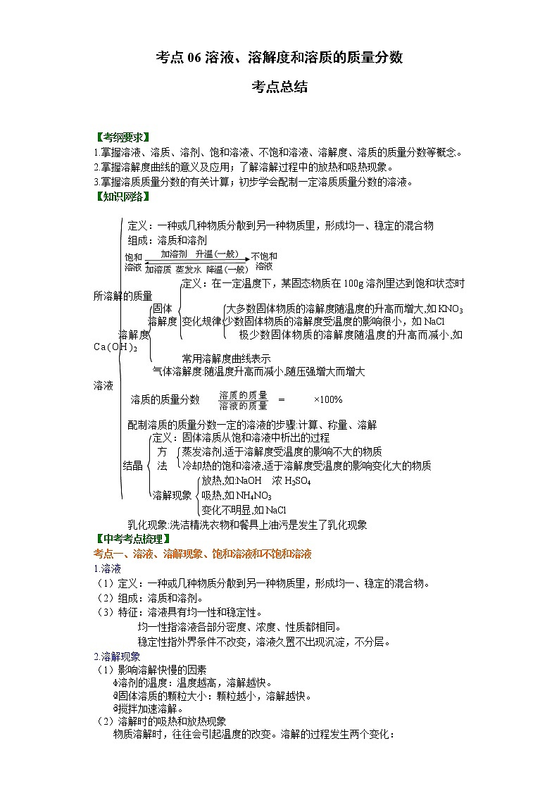 考点06溶液、溶解度和溶质的质量分数(解析版)-2022年化学中考一轮过关讲练(沪教版)学案第1页