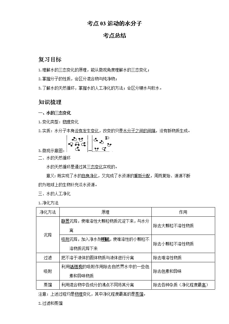 考点03运动的水分子(解析版)练习题学案第1页