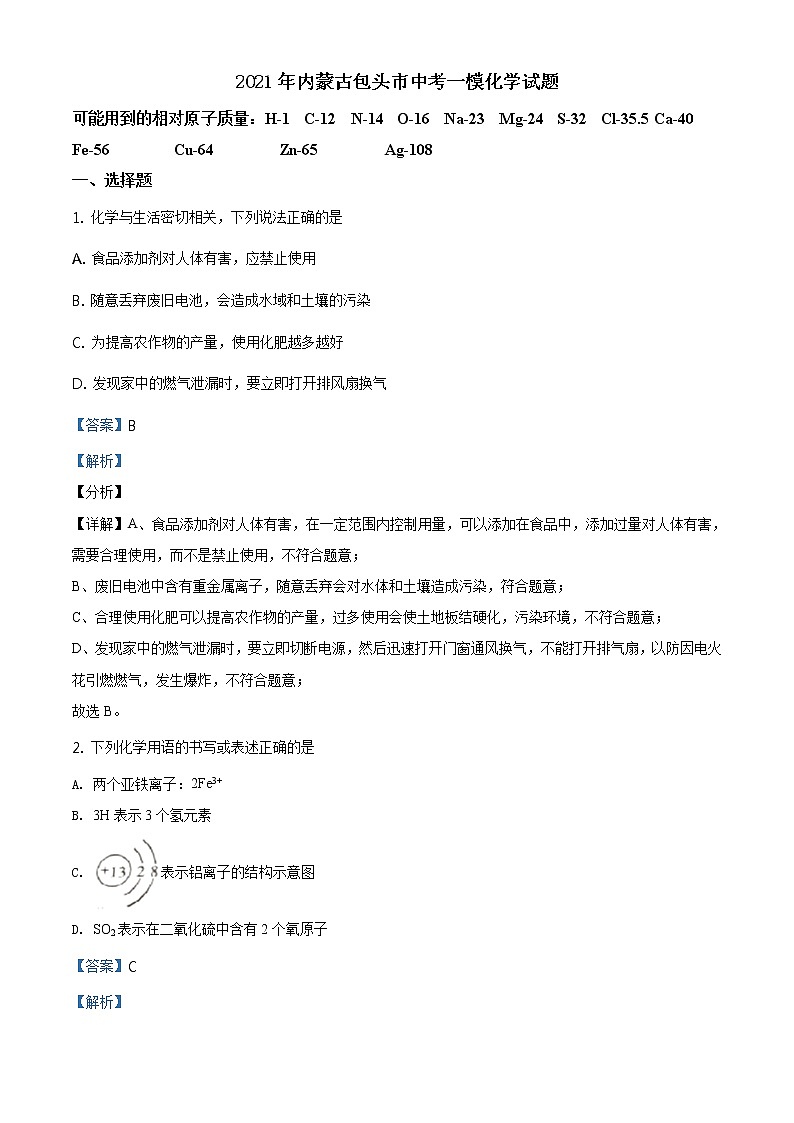 精品解析：2021年内蒙古包头市中考一模化学试题（原卷版+解析版）01