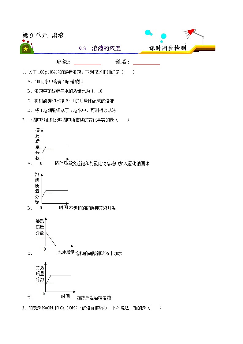9.3 溶液的浓度（原卷版）-2021-2022学年九年级化学下册课时同步练（人教版）第1页