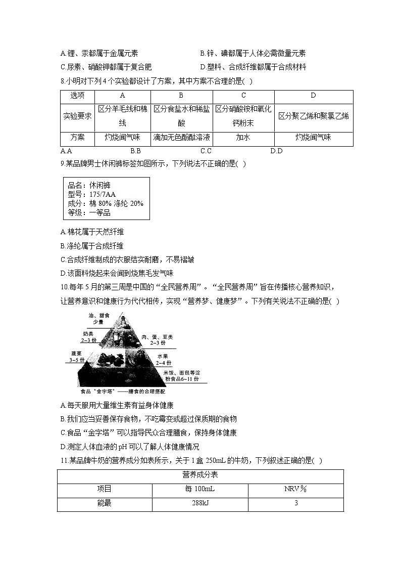 第十二单元 化学与生活 B卷 能力提升—— 人教版九年级下册化学单元测试AB卷02