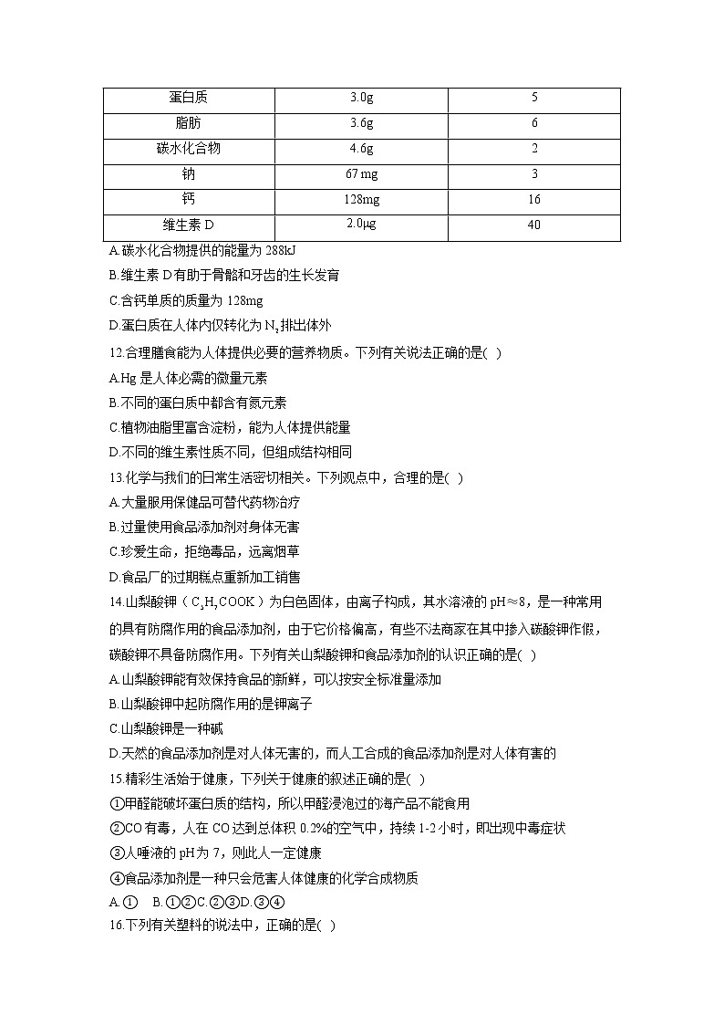 第十二单元 化学与生活 B卷 能力提升—— 人教版九年级下册化学单元测试AB卷03