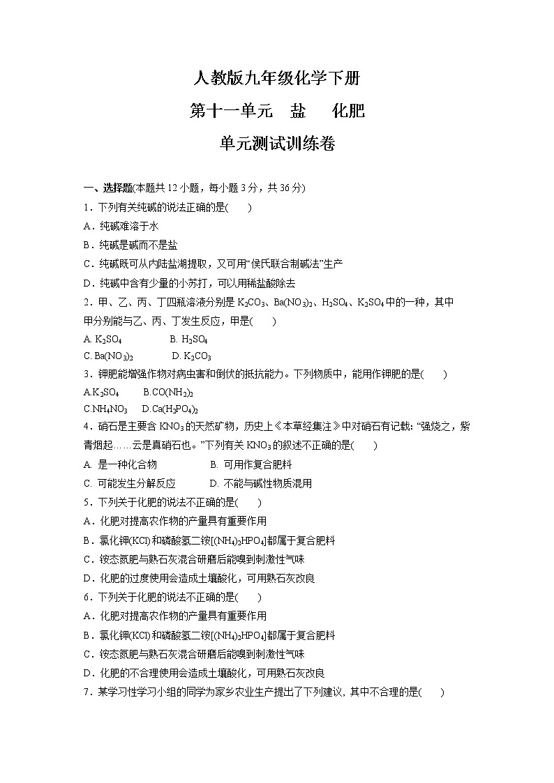 2021-2022学年九年级化学人教版下册 第十一单元盐 化肥单元测试训练卷第1页