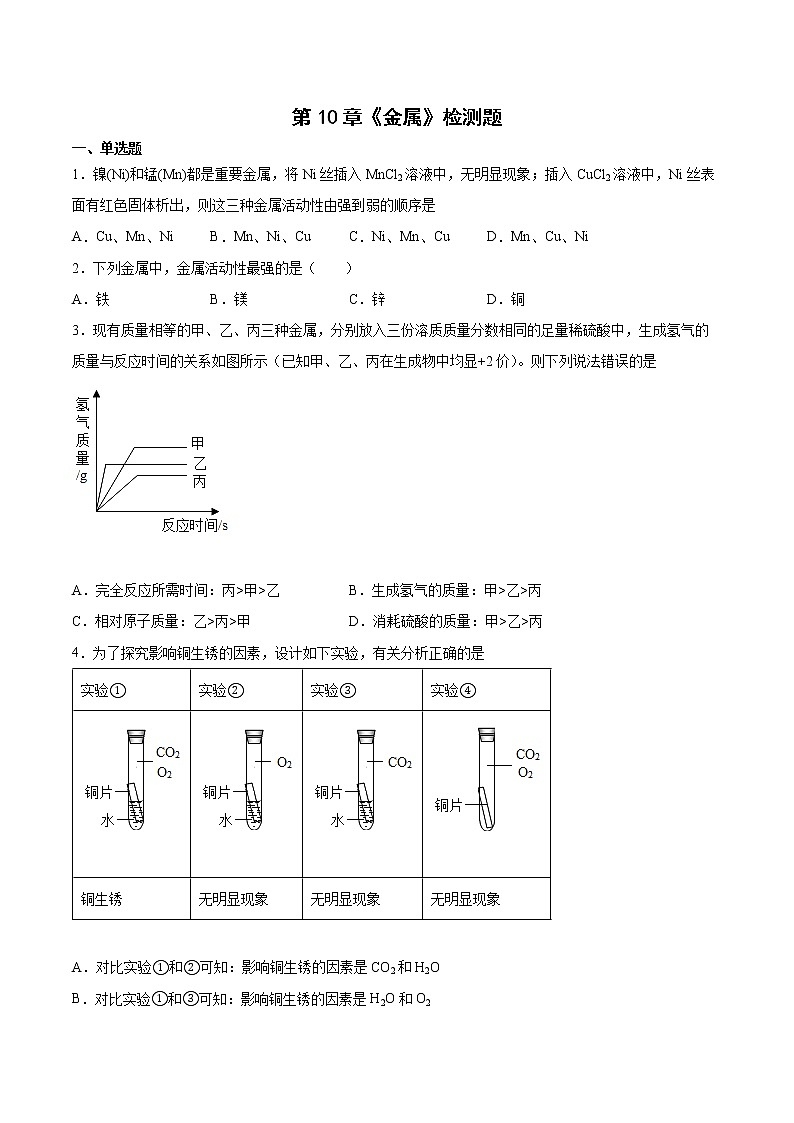 第10章金属检测题-2021-2022学年九年级化学京改版（2013）下册 (1)（word版 含答案）第1页