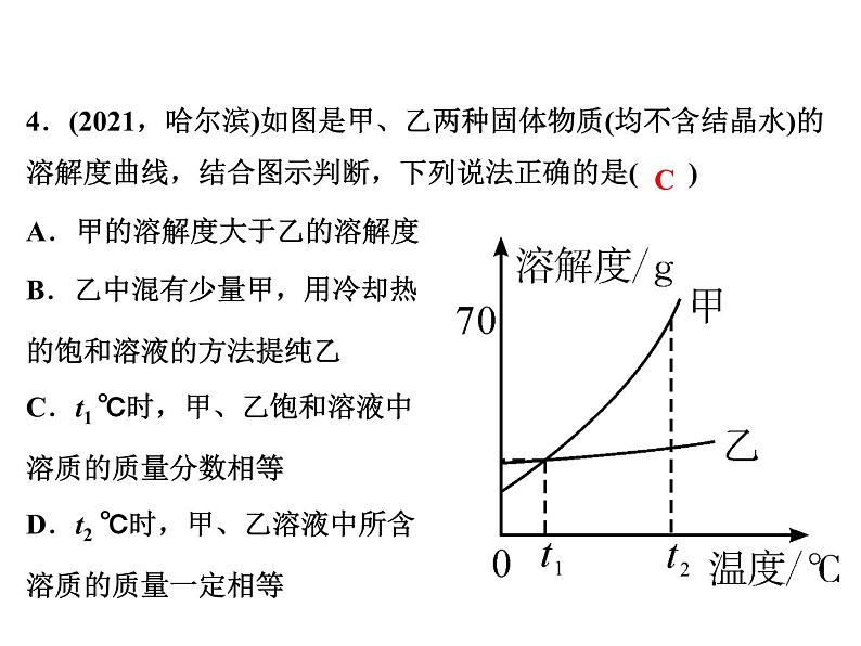 2022年人教版化学中考专题训练　溶解度及溶解度曲线课件PPT第7页