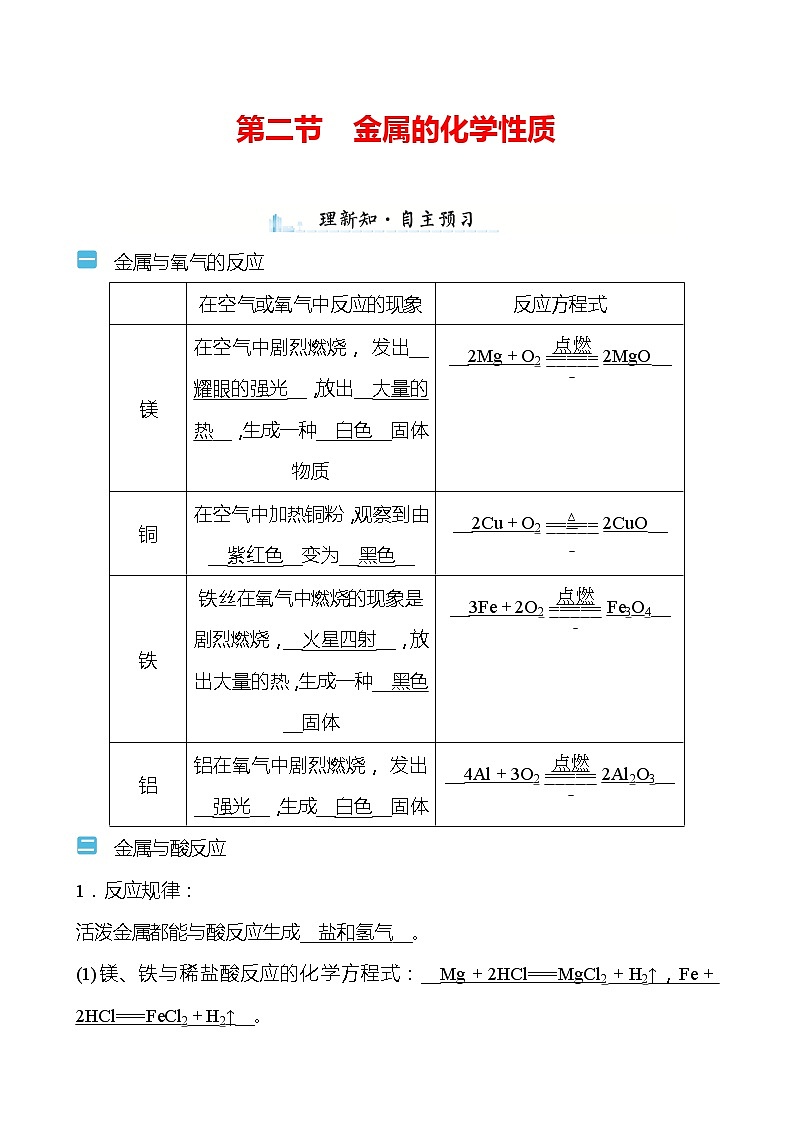 第九单元　第二节　金属的化学性质 学案（教师版）—2020-2021学年九年级化学鲁教版下册第1页