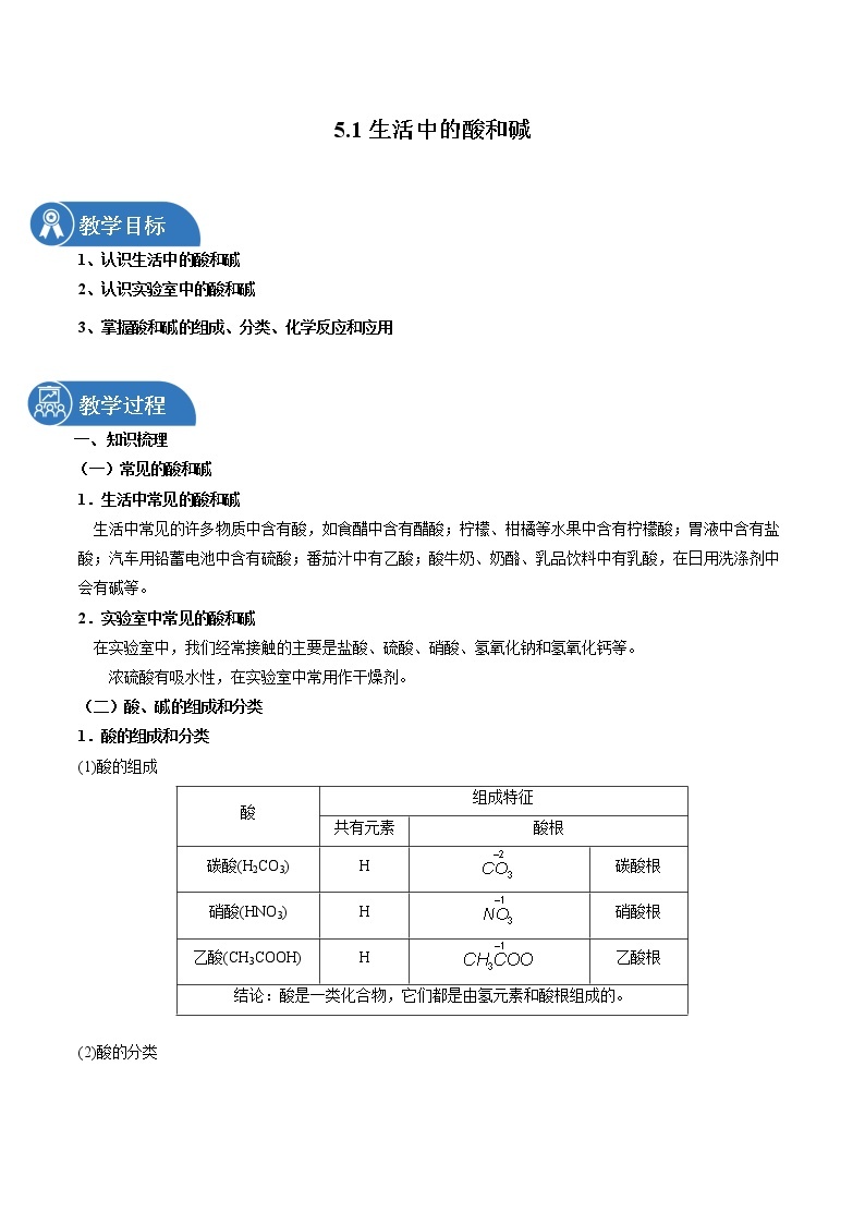 5.1 生活中的酸和碱 同步教案 初中化学沪教版（上海）九年级第二学期（2022年）01