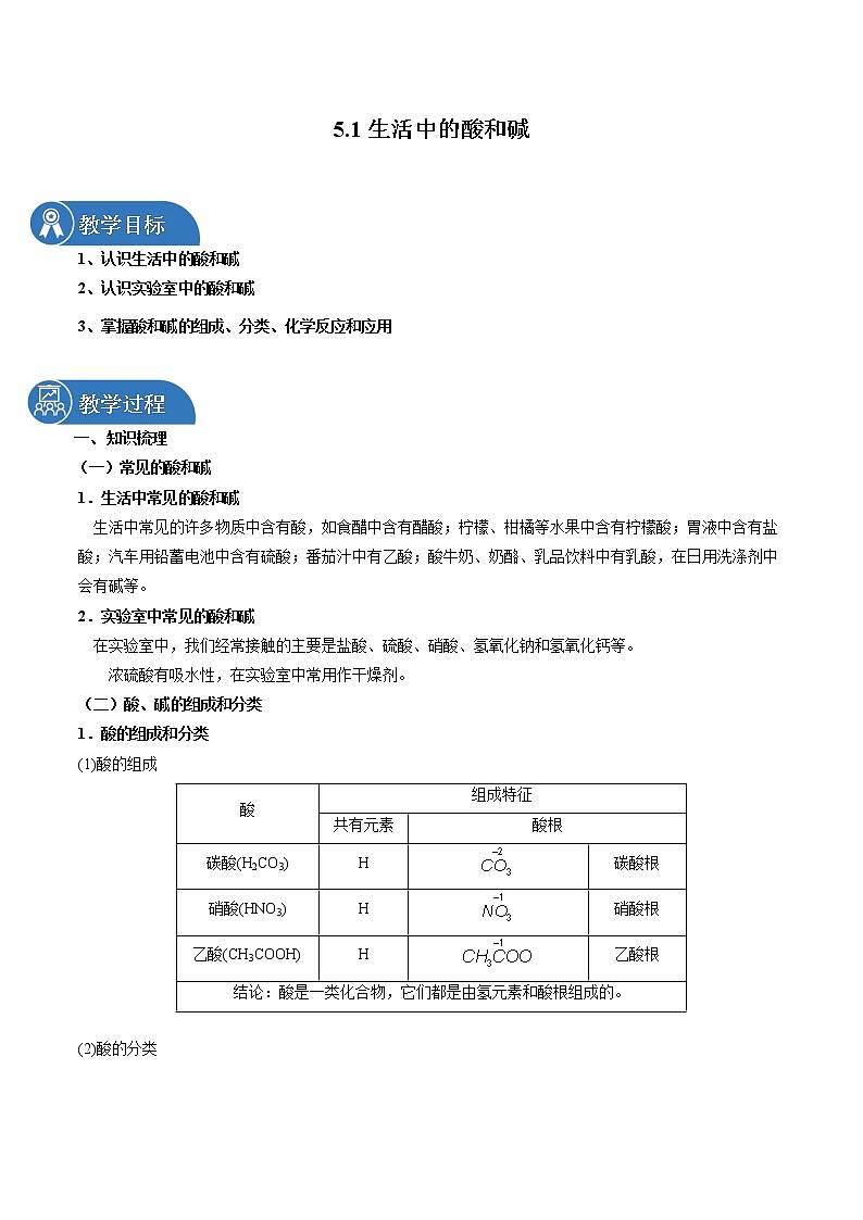 5.1 生活中的酸和碱 同步教案 初中化学沪教版（上海）九年级第二学期（2022年）01