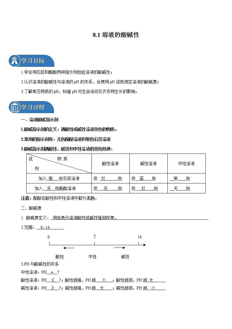 8.1 溶液的酸碱性 同步学案 初中化学科粤版九年级下册（2022年）01