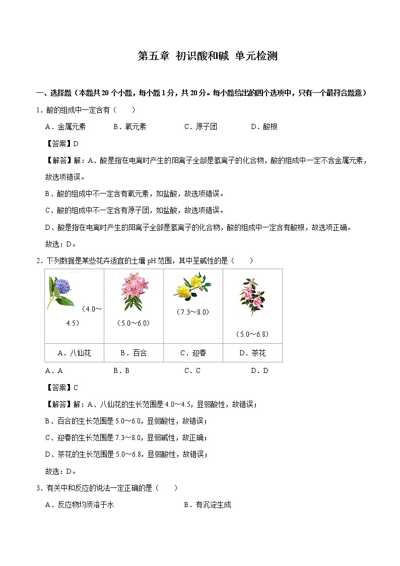第五章 初识酸和碱 单元检测 同步习题 初中化学沪教版（上海）九年级第二学期（2022年）第1页