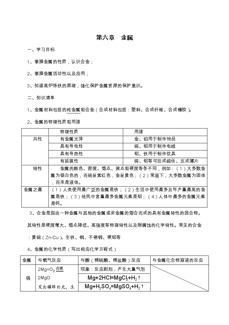 内蒙古鄂尔多斯市东胜区第二中学科粤版九年级化学下册学案（无答案）：第六章  金属01