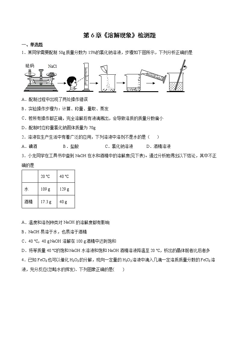 第6章溶解现象检测题-2021-2022学年九年级化学沪教版（全国）下册（word版 含答案）第1页