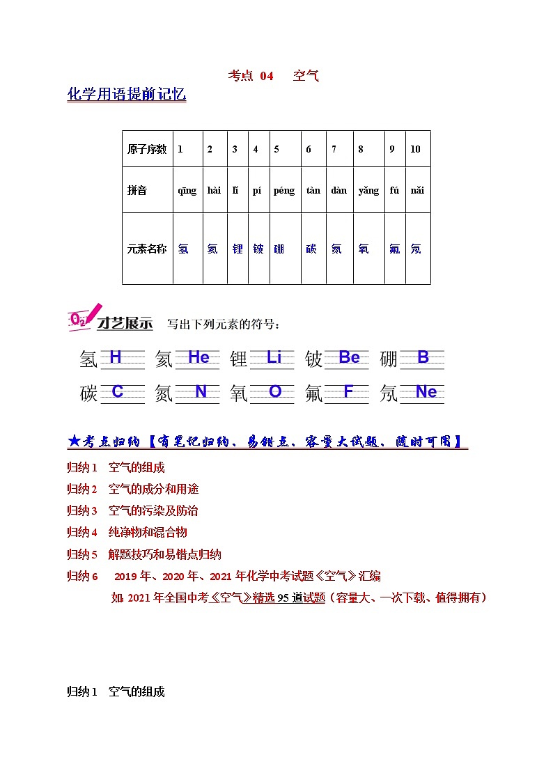考点04空气-三年（2019-2021）中考真题化学分项汇编（全国通用）·01