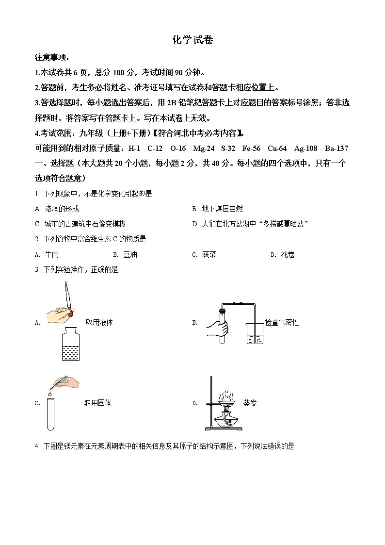 河北省石家庄市十八县2021-2022学年九年级下学期3月结课大联考化学试题第1页