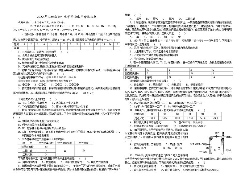 2022年人教版初中化学学业水平考试 (16)练习题第1页