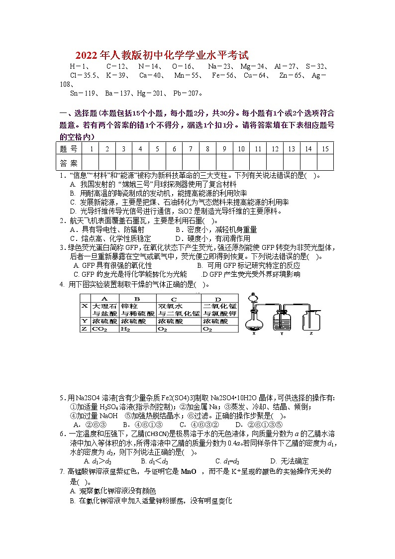 2022年人教版初中化学学业水平考试 (12)练习题第1页