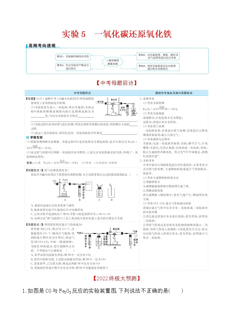 2022版初中化学考前第二篇 实验5一氧化碳还原氧化铁配套word练习题01