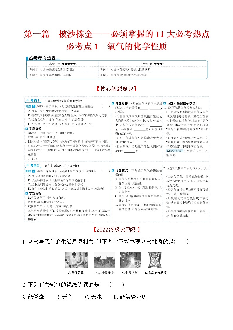2022版初中化学考前第一篇 必考点1氧气的化学性质配套word练习题第1页