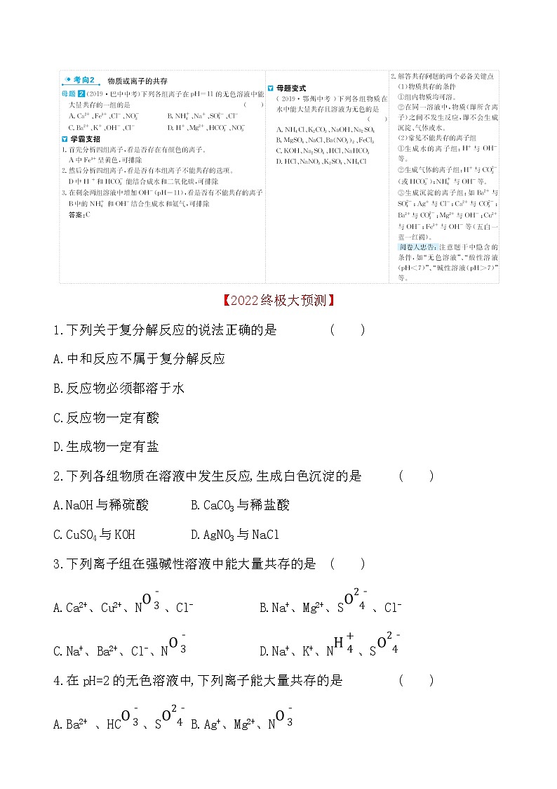 2022版初中化学考前第一篇 必考点11复分解反应及其应用配套word练习题第2页