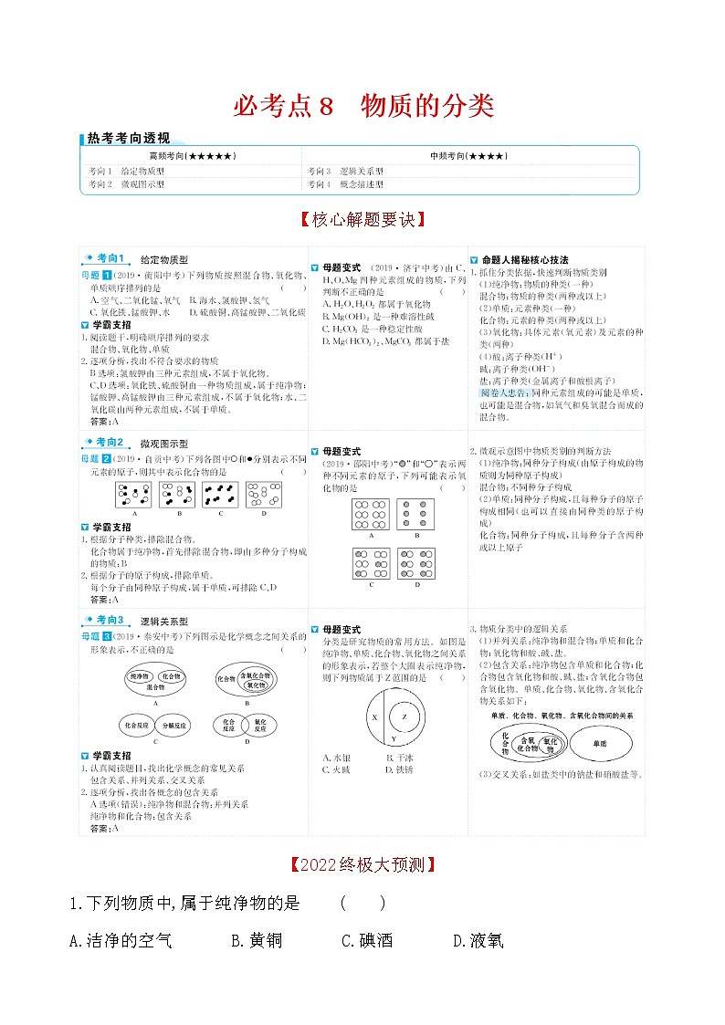2022版初中化学考前第一篇 必考点8物质的分类配套word练习题第1页