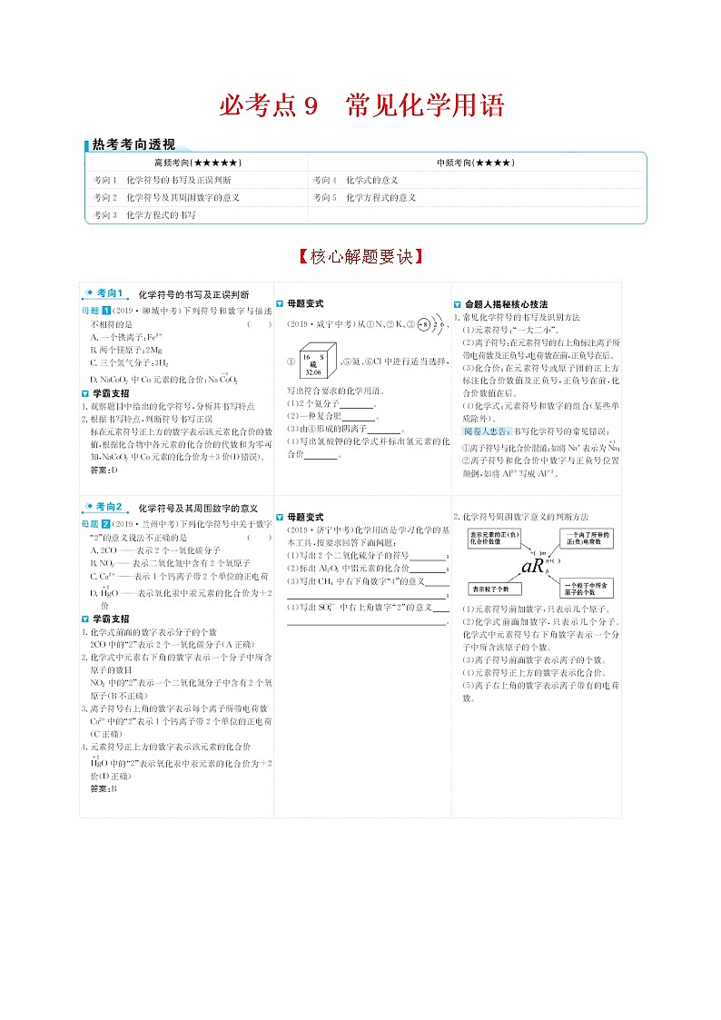2022版初中化学考前第一篇 必考点9常见化学用语配套word练习题第1页