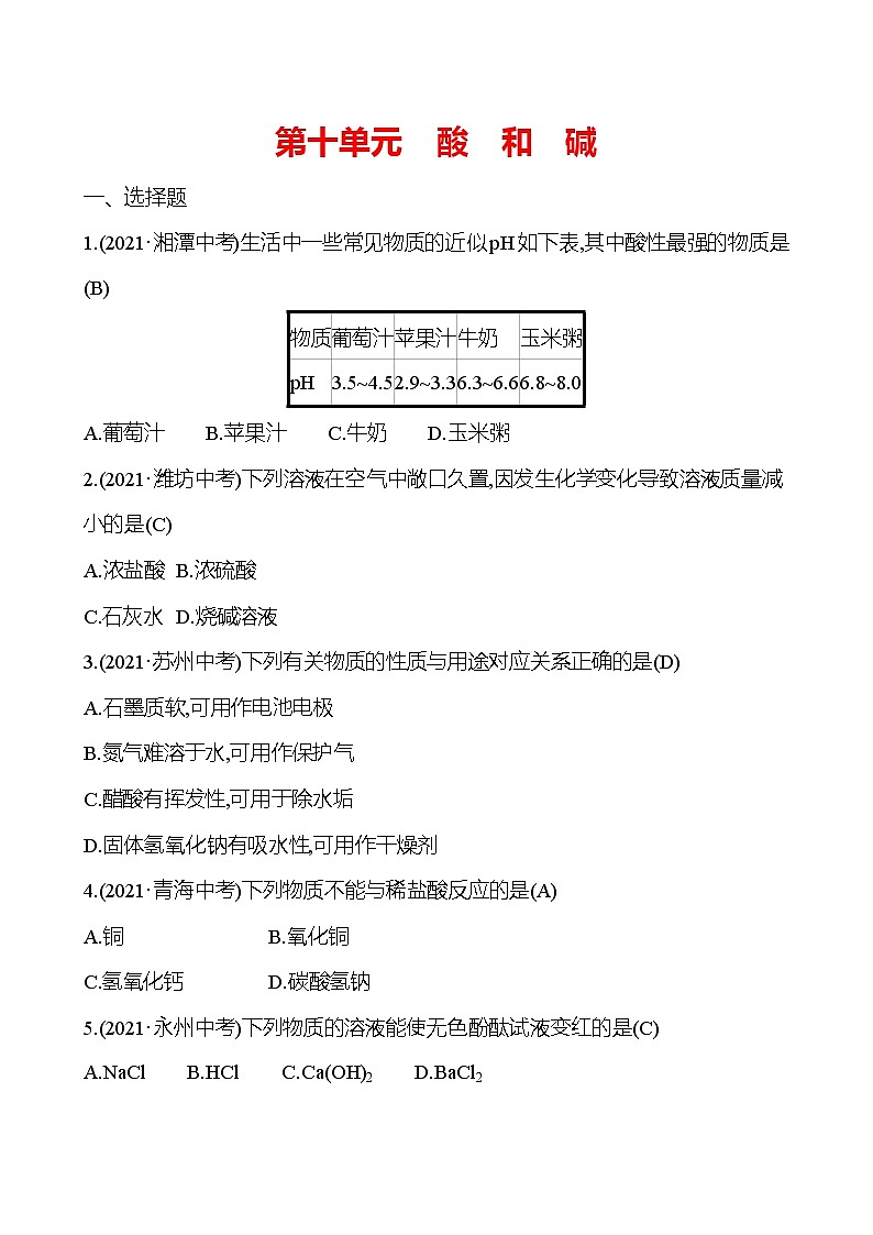 安徽中考复习 高效提分作业 第十单元　酸　和　碱 (教师版)第1页